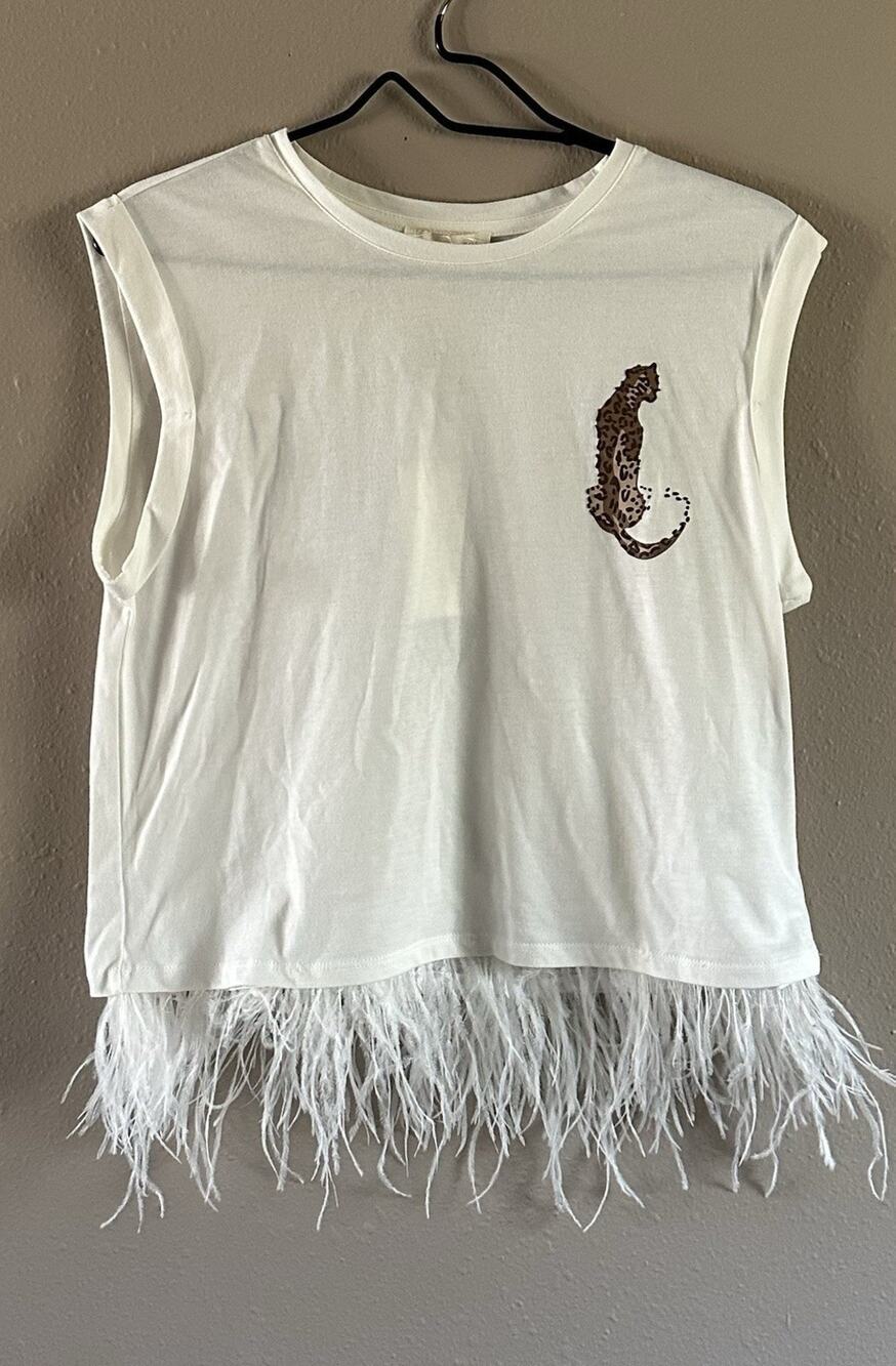 Adrienne Landau White Sleeveless Feather Trim Cropped Top Leopard Patch M